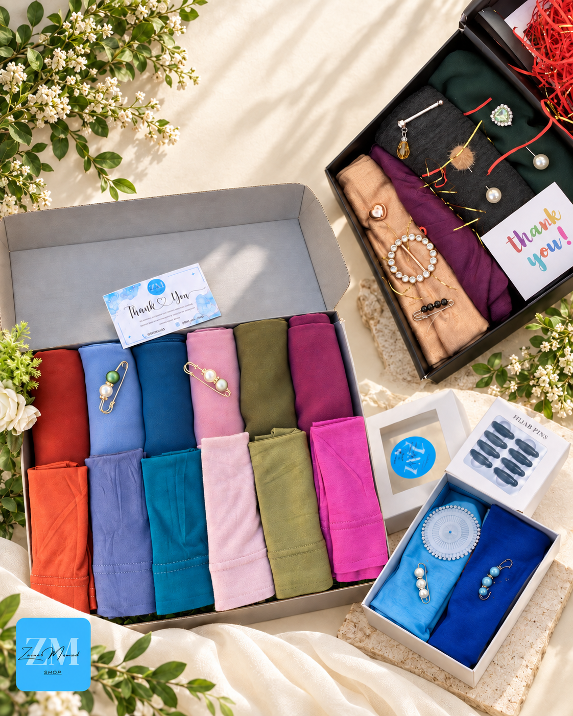 Curated ZM Shop scarves, hijab pins and gift boxes